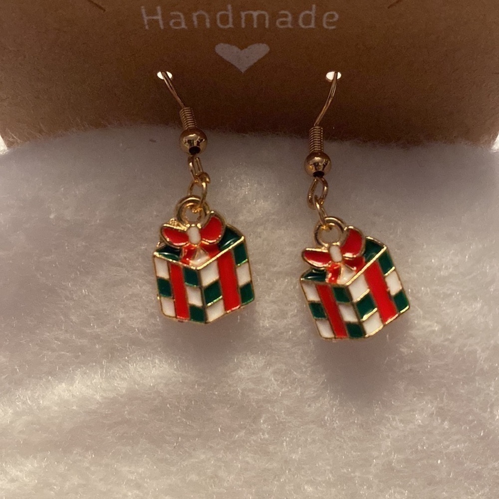 Green and Red Wrapped Boxed  Presents Dangle Earrings